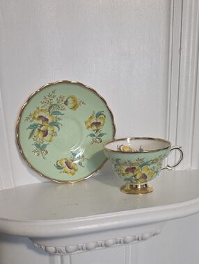 Rosina  sage green ground with hand-painted yellow floral motifs and gilded gold